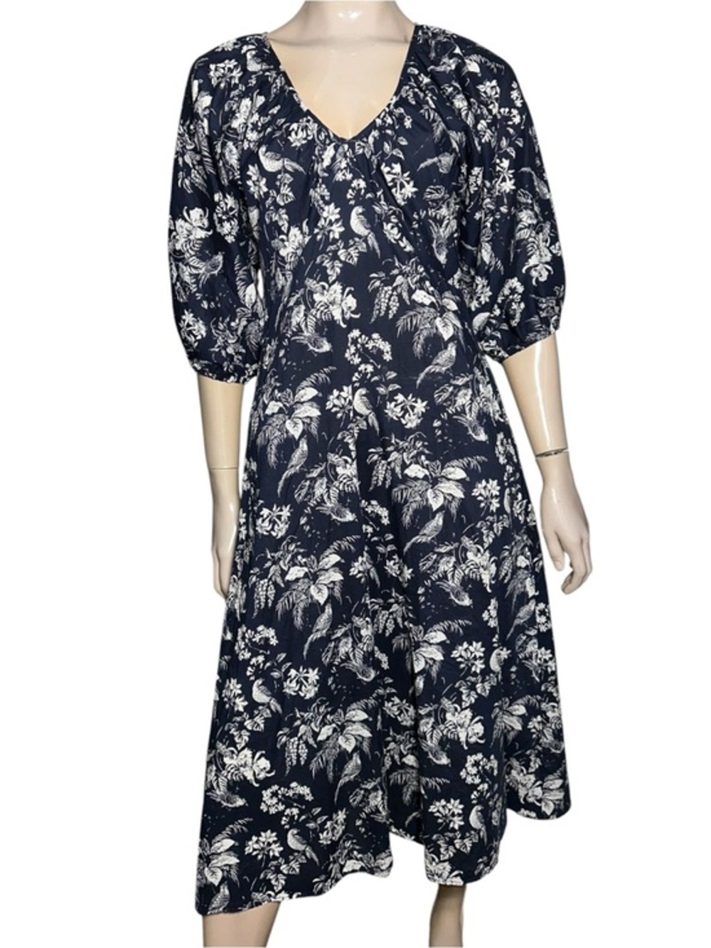 Lido World Women's Size M Navy Blue Hibiscus Floral Hawaiian V-Neck Midi Dress